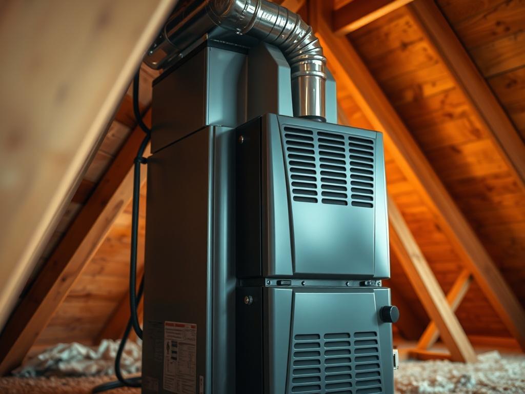 A realistic high-resolution photo of a furnace installed in the attic of a residential home. The image should show the furnace prominently, highlighting its features and design. The background should depict the attic space, with wooden beams and insulation material visible, creating a warm and cozy atmosphere. The lighting should be soft and inviting, with a focus on the furnace itself, making it the central subject of the image.
