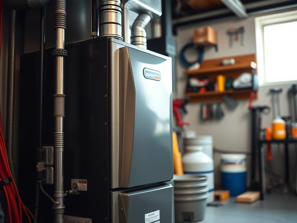 A close-up shot of a professionally installed furnace in a garage setting. The furnace should be clearly visible, showcasing its sleek design and efficient features. The background should be simple, focusing on the clean and organized garage environment, with tools neatly arranged and a soft, warm light illuminating the scene to accentuate the furnace's importance in heating. The image should evoke a sense of comfort and reliability.