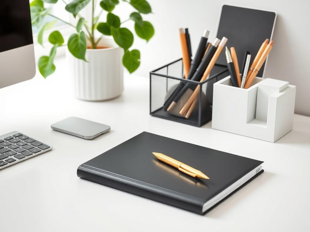 A minimalistic high-resolution photo featuring an elegant desk setup with an organized collection of office supplies. The scene includes a sleek black notebook with a gold pen resting on top, a modern desk organizer holding various pens and stationery, and a simple green plant in the background. The composition should be clean with ample negative space, highlighting the essential elements and using simple colors that complement the primary color rgb(50, 170, 39).