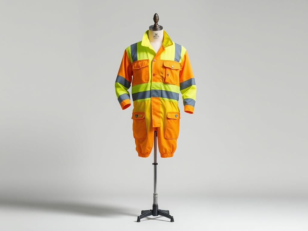 A realistic high-resolution photo of a safety uniform displayed on a mannequin, featuring bright colors for high visibility like neon yellow and orange. The uniform should include reflective strips and pockets. The background should be minimalistic with a clean design, emphasizing the uniform's features, and use a simple color palette with a touch of green to reflect the primary brand color.