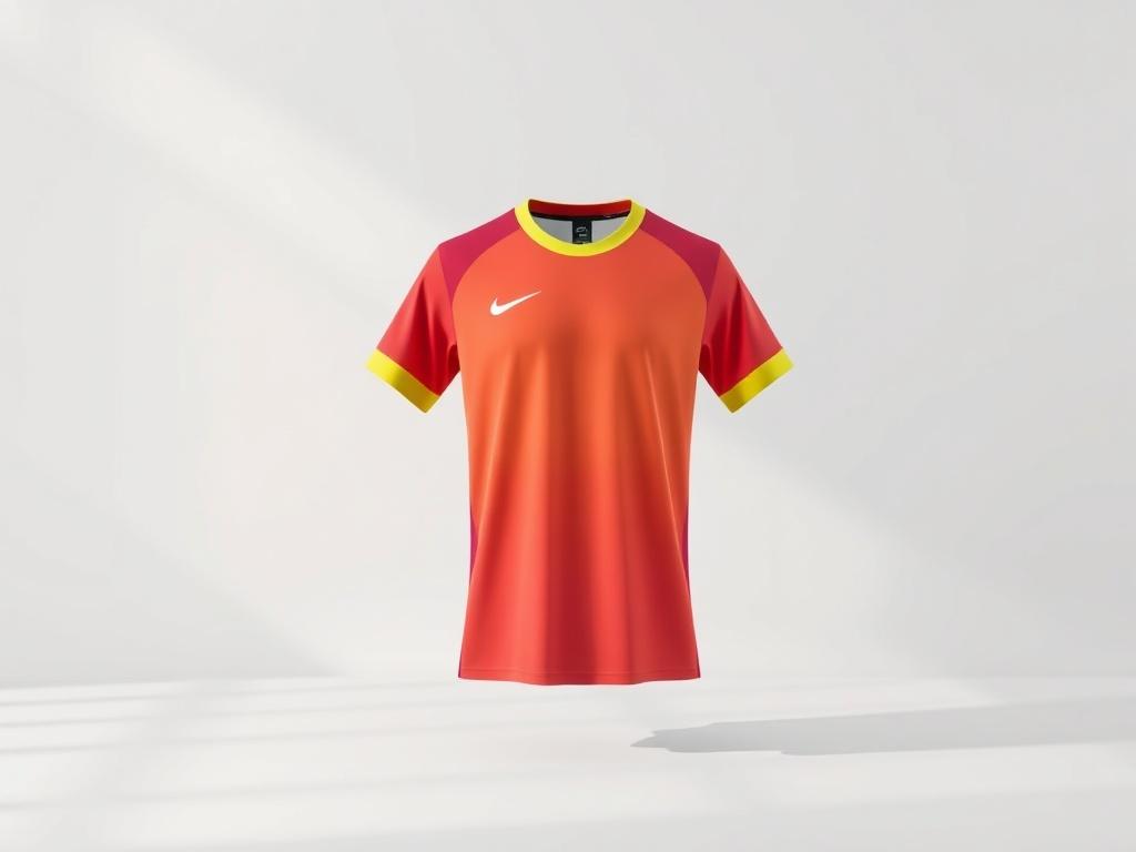 A realistic high-resolution image of a vibrant jersey displayed prominently on a clean, minimalistic background. The jersey features a dynamic design with bold colors, showcasing its breathable fabric and moisture-wicking properties. The background is simple, with soft lighting to highlight the jersey's details, and there are no other objects or text in the composition.