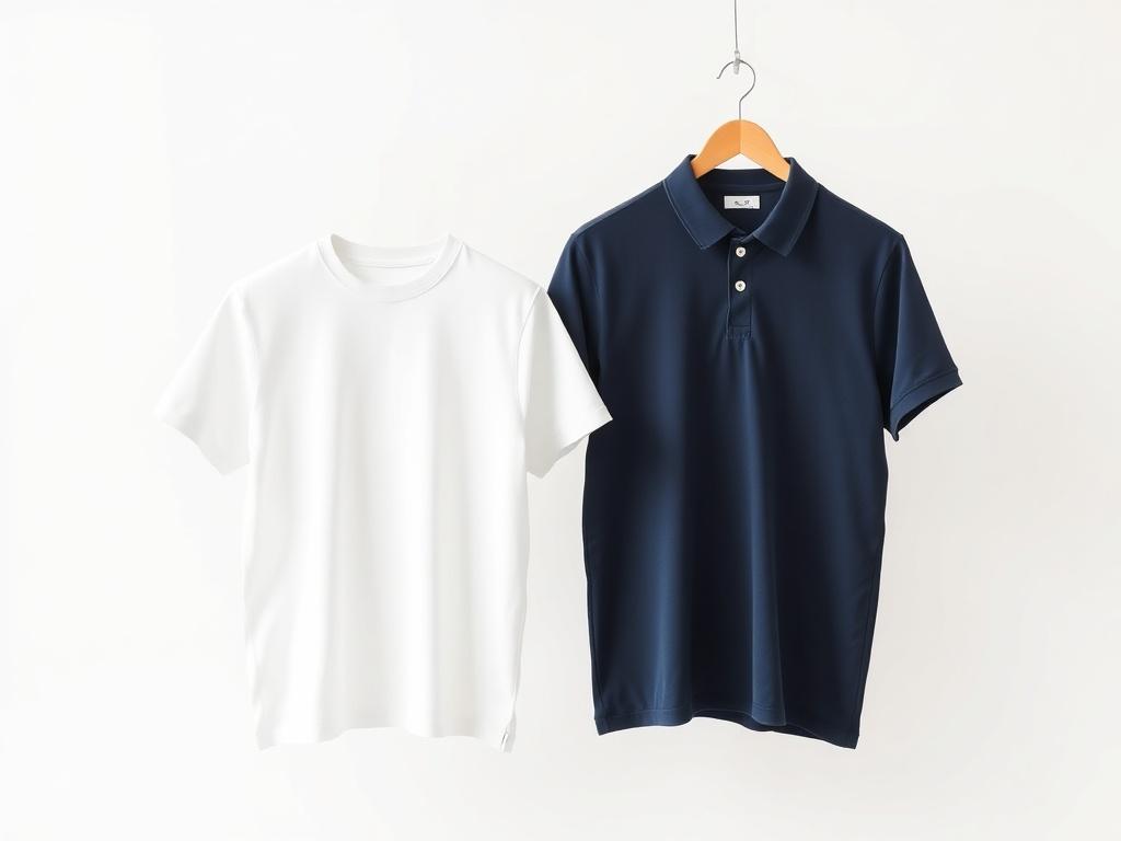 A high-resolution photo of a plain white T-shirt and a navy blue polo shirt displayed against a clean, minimalistic backdrop. The T-shirt should be laid flat with the collar visible, showcasing its soft fabric and clean lines, while the polo shirt is hung neatly on a simple hanger, highlighting its classic design. The background should be a soft, neutral color that complements the colors of the shirts, creating a calm and inviting atmosphere.