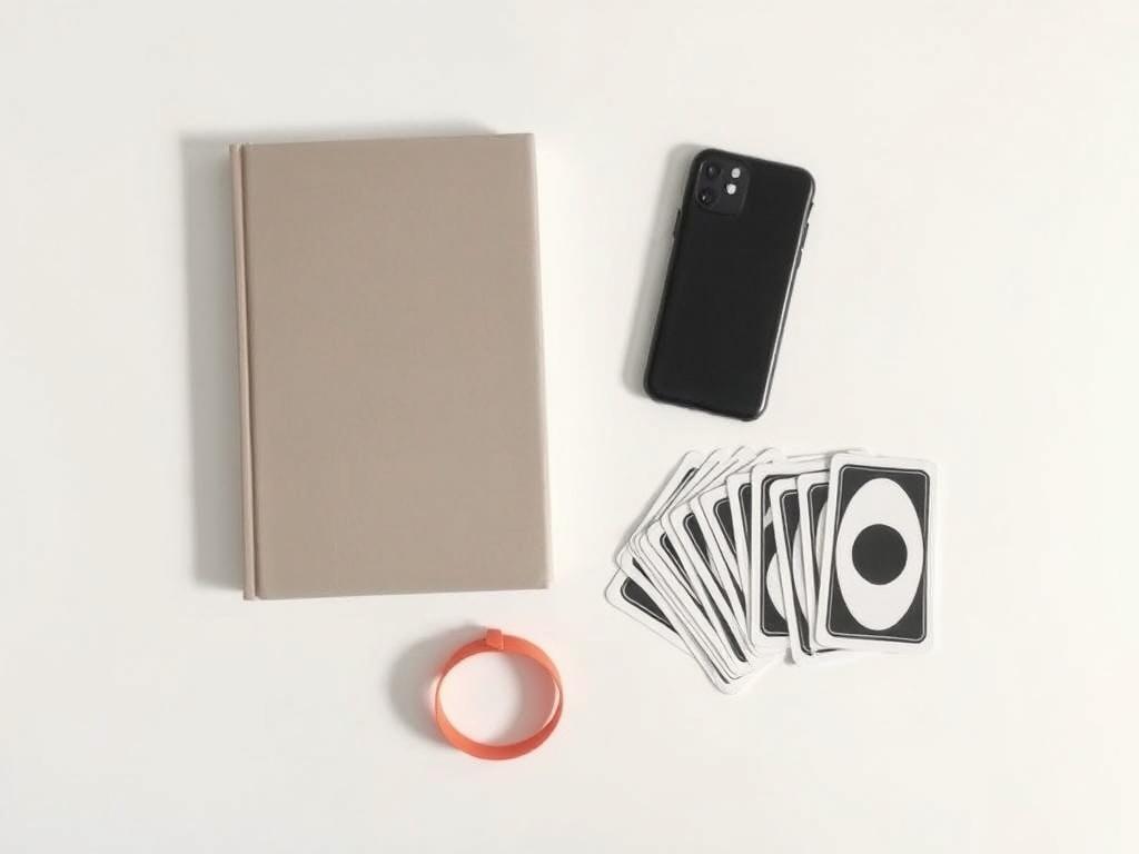 A realistic high-resolution photo featuring a collection of minimalistic customized accessories. The image includes a sleek book with a smooth cover, a stylish phone cover in a modern design, elegant wristbands in various colors, and a neatly arranged set of playing cards. The background is simple and clean, emphasizing the accessories with soft lighting that enhances their features. The overall composition should convey a sense of sophistication and simplicity.