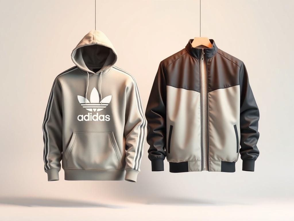 A realistic, high-resolution photo of a stylish hoodie and a sleek jacket displayed on a minimalist background. The hoodie features a modern design resembling Adidas, with clean lines and a sporty vibe, while the jacket has a contemporary, urban look. The colors should be simple yet appealing, focusing on the essentials without any distractions. The lighting should highlight the textures of the fabric, creating a warm and inviting atmosphere.