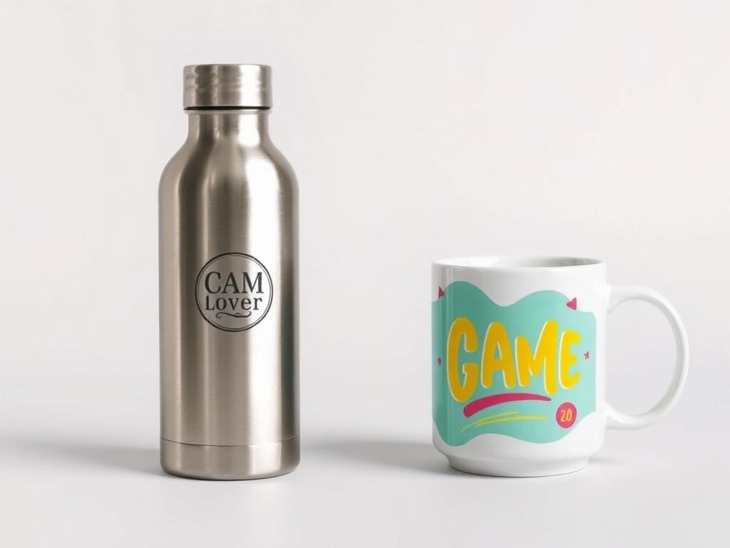 A high-resolution photo of a sleek stainless steel water bottle and a ceramic coffee mug, both customized with vibrant, unique designs. The water bottle should be prominently displayed on the left, showcasing its shiny surface and a personalized logo. The coffee mug should be on the right, featuring a colorful graphic. The background should be a simple, neutral color to emphasize the products, with clean lines and minimalistic styling.