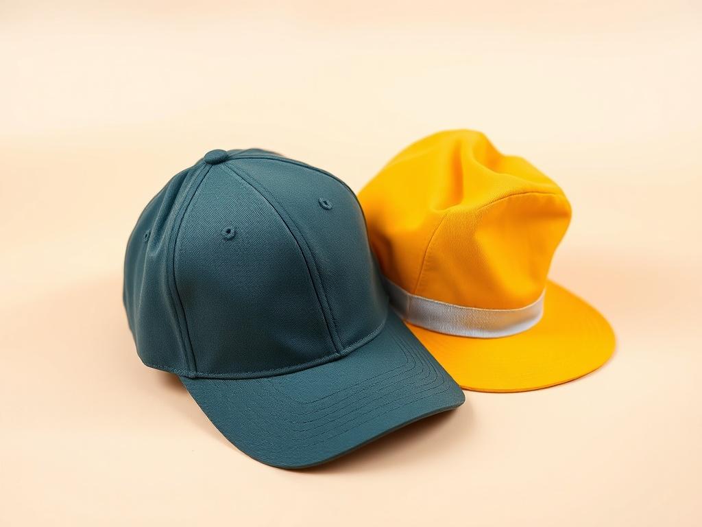 A realistic high-resolution photo of a stylish cap and a trendy hat displayed on a simple, clean, and minimalistic background. The focus should be on the caps and hats, showcasing their details and textures. The composition should highlight the vibrant colors of the caps and hats, with soft natural lighting to enhance their appeal. The background should be a soft neutral tone to emphasize the products without any distractions.