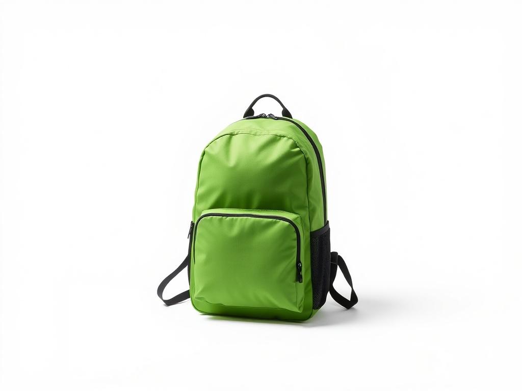 A high-resolution image of a stylish backpack, placed on a clean white background. The backpack features a sleek design with minimalistic lines, made from durable fabric in a vibrant green color that harmonizes with the rgb(50, 170, 39) palette. The focus is solely on the backpack, showcasing its compartments and straps, with a slight shadow to add depth.