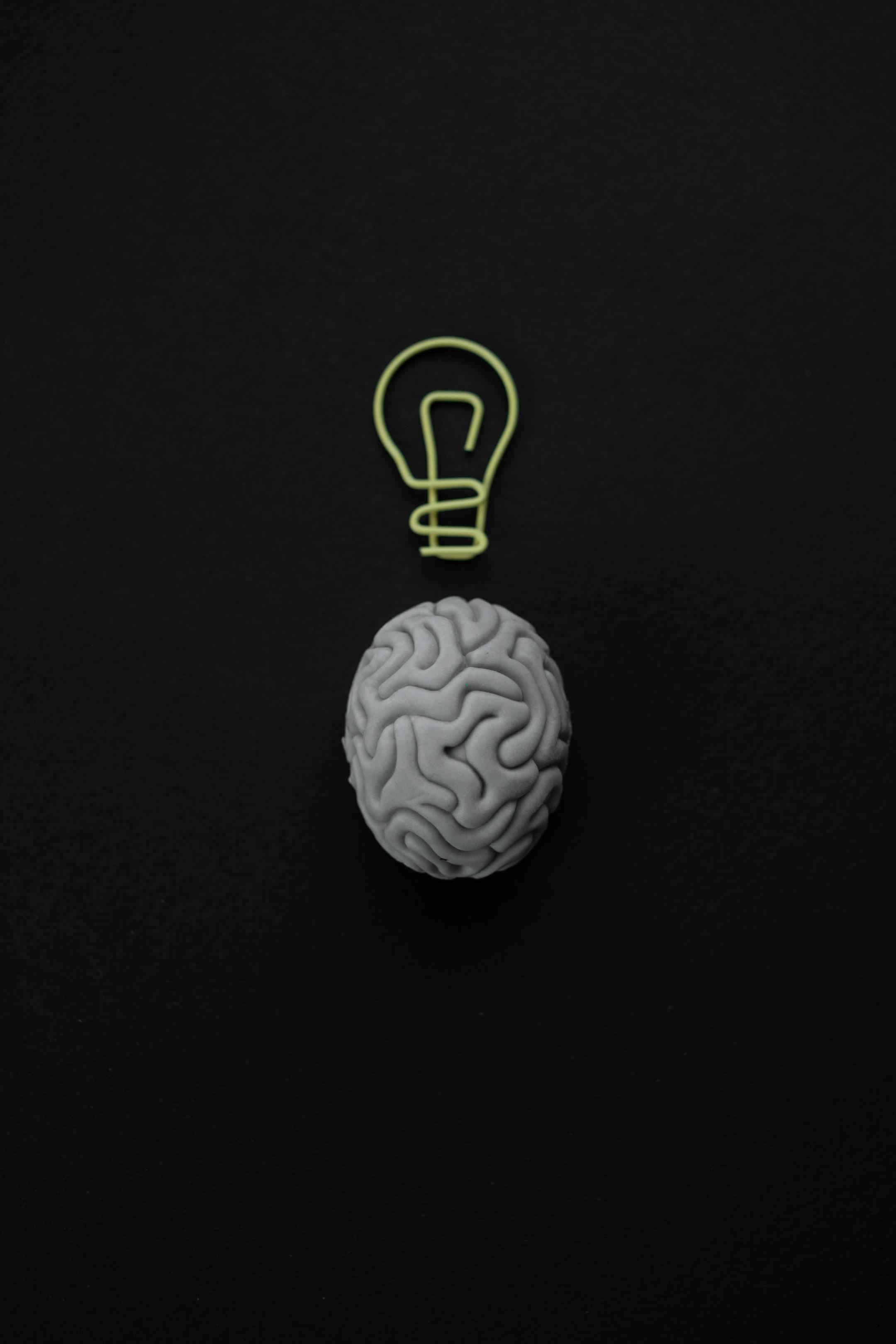 Gray brain with light bulb symbol on black background representing intelligence and creativity.