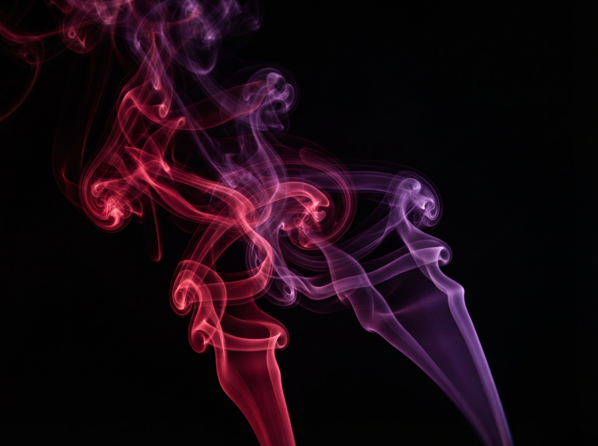 An early experimental smoke study with colored smoke drifting against a dark background