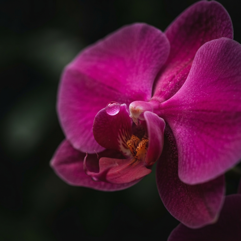 Extreme close-up of a magenta blossom with a single dew droplet, shallow depth of field, dark moody background