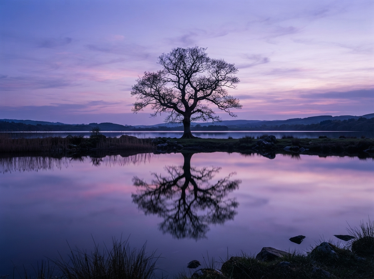 An alternate earlier color edit of the mirrored violet tree at dusk