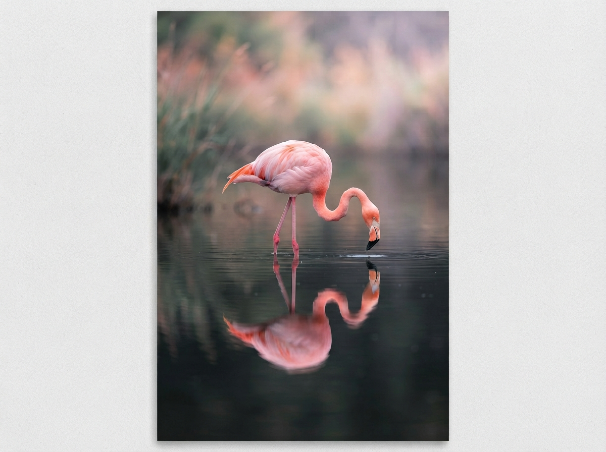 A pink flamingo mirrored perfectly in still water, surreal doubled composition in soft pastel tones