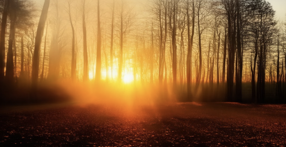 Golden amber light filtering through a forest canopy, warm tones, atmospheric woodland scene