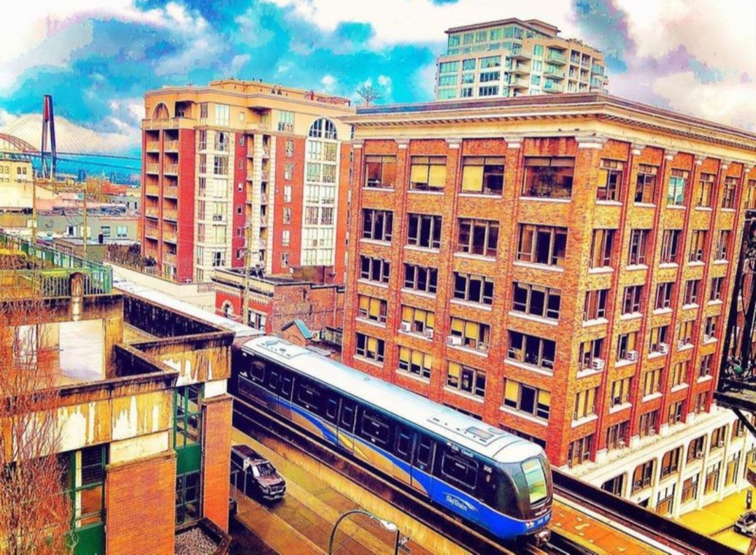 Urban train tracks or streetcar lines with vibrant color treatment, city transportation study