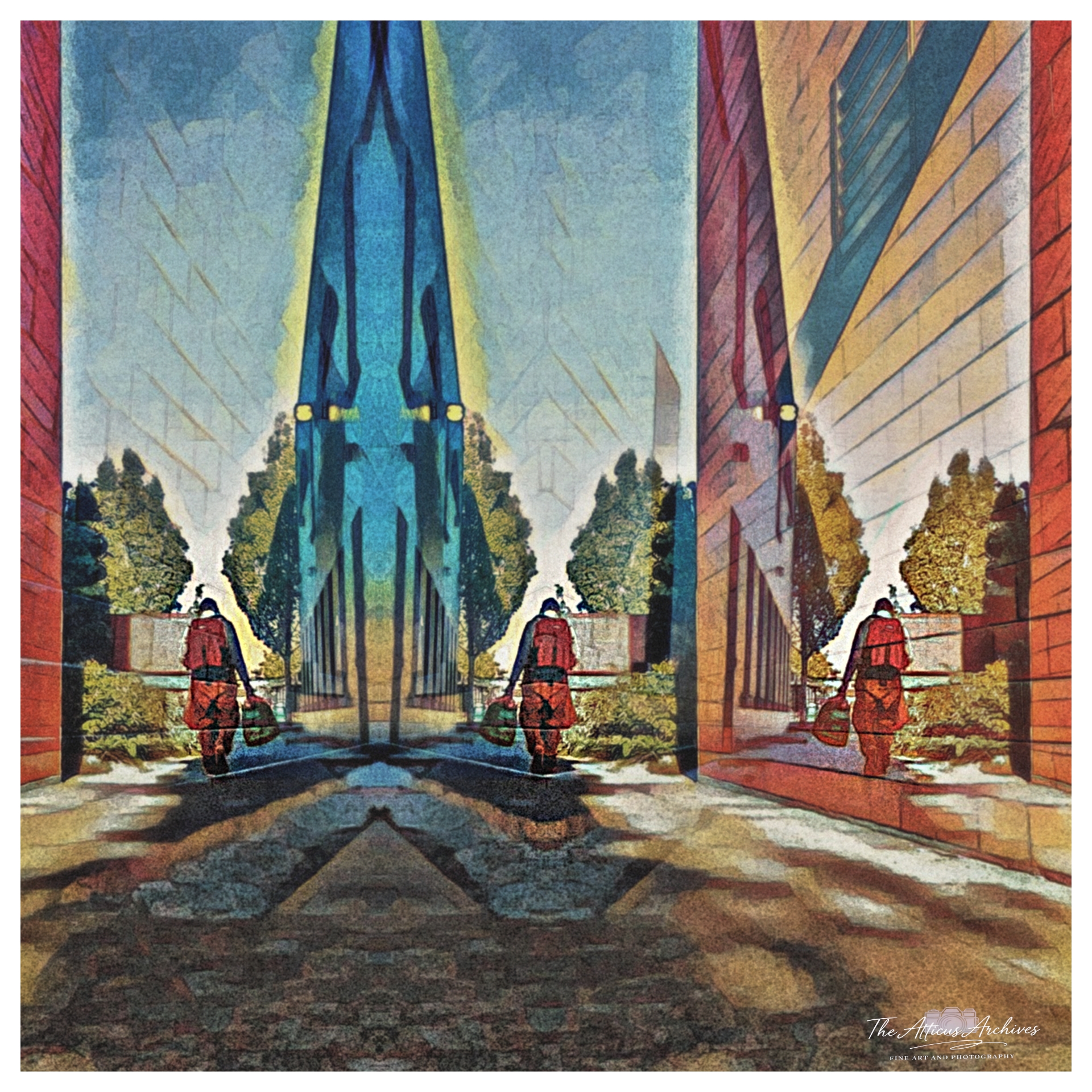 A symmetrical glass building facade reflecting a red brick building and a small walking human figure, strong red-and-blue color relationship