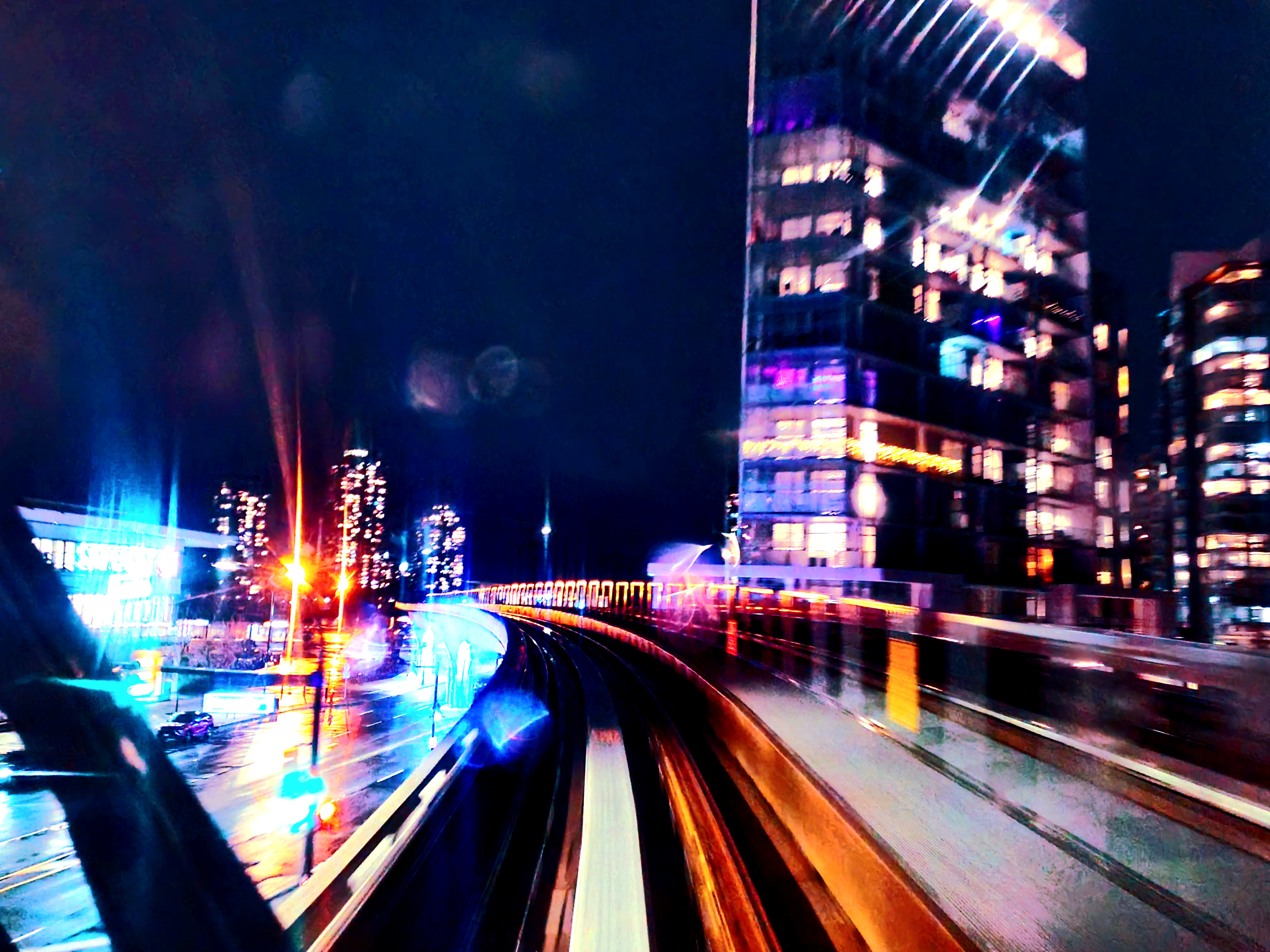 A neon-lit city train passing at night with streaks of warm light, rain-slicked reflections, deep blue palette with amber highlights