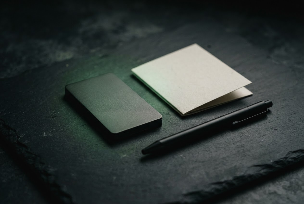 A graphite hardware wallet, blank recovery card, and pen on a dark textured surface.