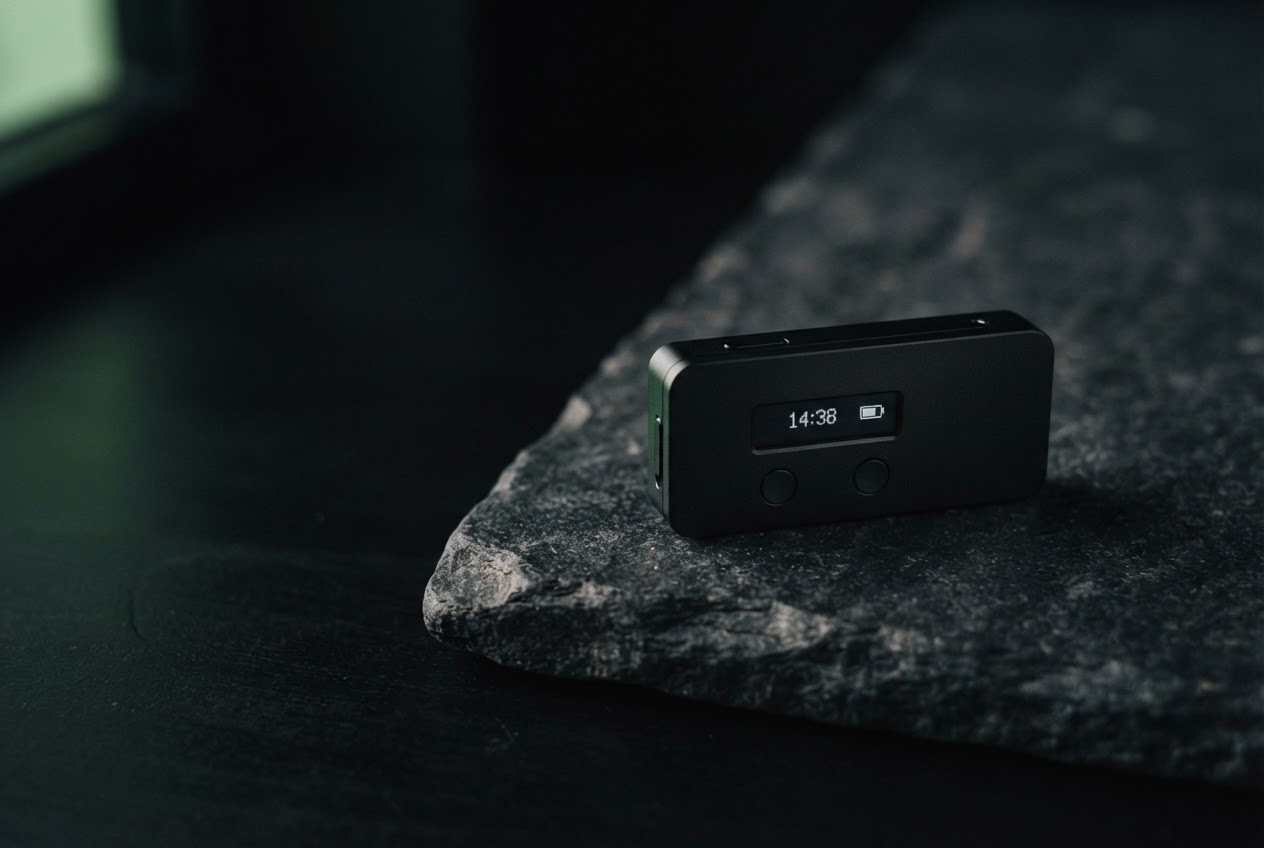 A minimalist black hardware wallet resting on a dark stone desk, lit by a subtle green reflection.