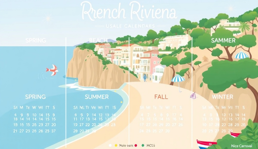 French Riviera seasonal calendar infographic showing Spring events, Summer beach season, Fall festivals, and Winter celebrations