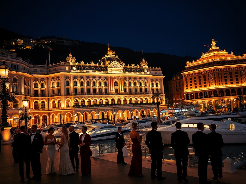 Monaco evening luxury scene with illuminated Casino Monte-Carlo