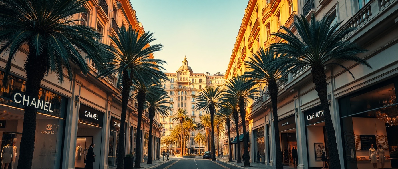 Luxury Monaco shopping street with elegant storefronts and palm trees