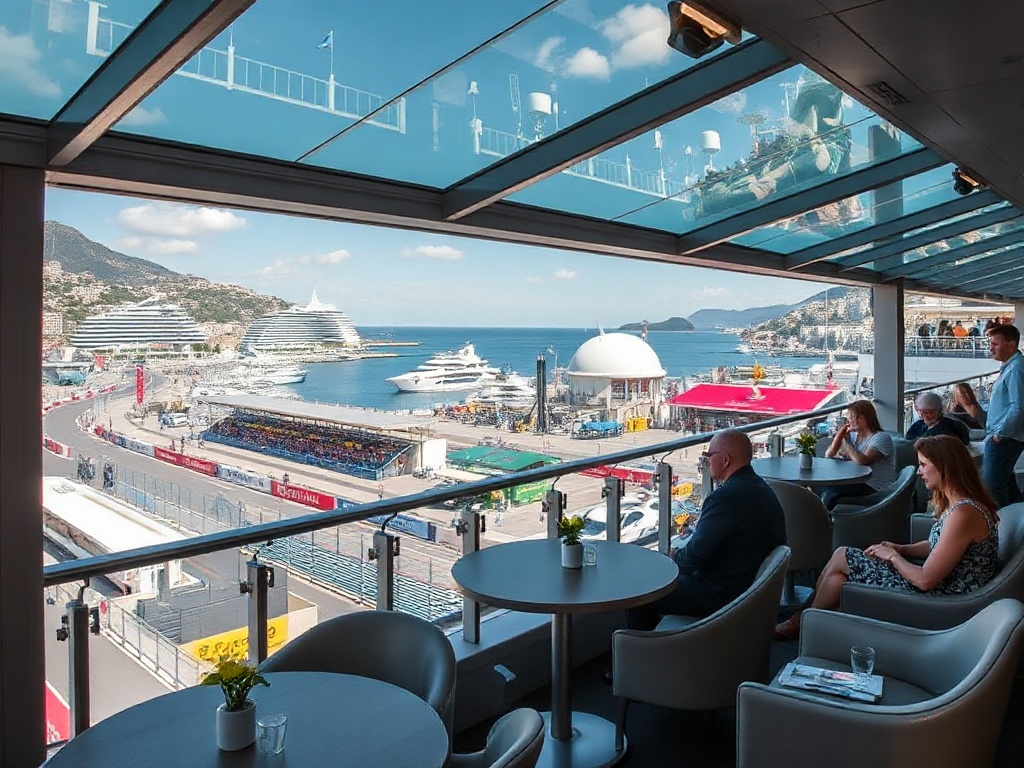 Monaco Grand Prix paddock club VIP scene overlooking harbor