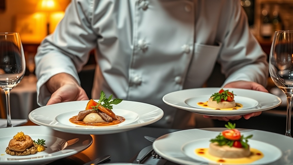 Professional chef plating an elegant fine dining dish with luxurious presentation