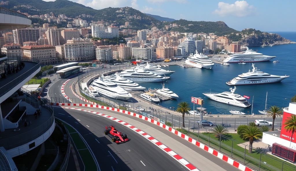 Formula 1 Grand Prix Monaco circuit with yachts and grandstands