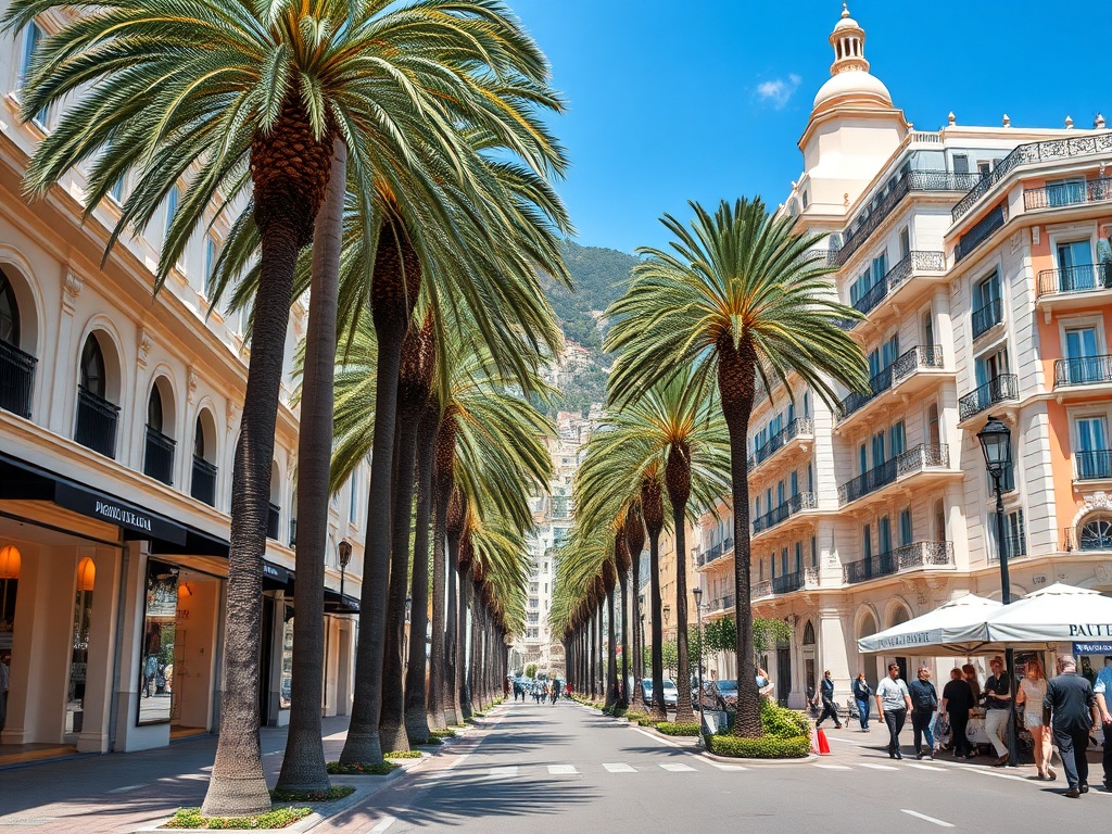 Monaco luxury shopping district with boutiques and palm trees