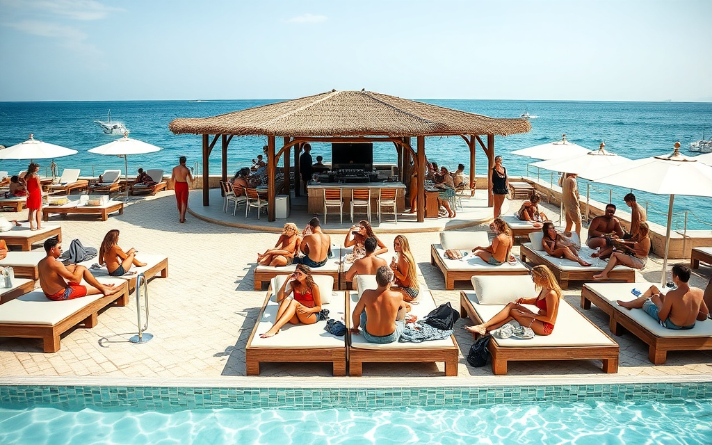 Luxury beach club in Saint-Tropez with sunbathing, DJ booth, and Mediterranean sea views