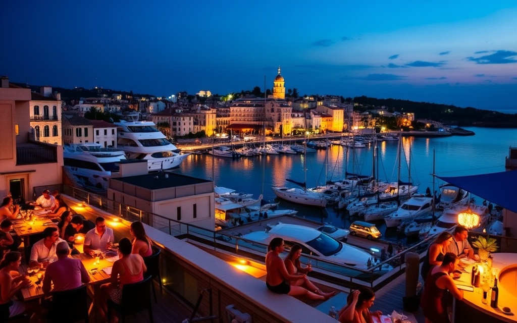 Vibrant nightlife in Saint-Tropez with rooftop bar, evening lights, cocktails, and harbor views