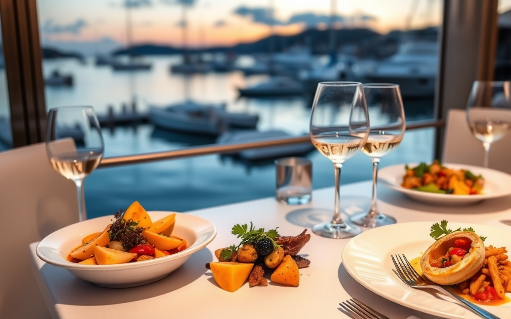 Fine dining in Saint-Tropez with bouillabaisse, wine, and harbor sunset views