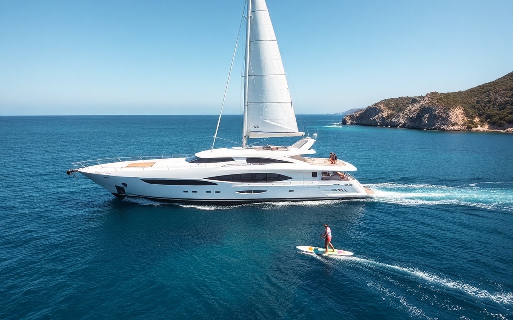 Luxury yacht sailing in Saint-Tropez bay with Mediterranean waters and water sports