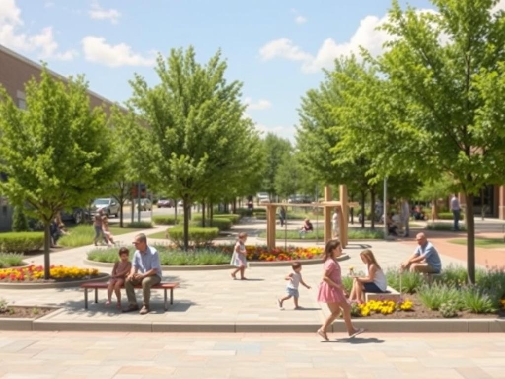 A vibrant community park with families enjoying the space, featuring
