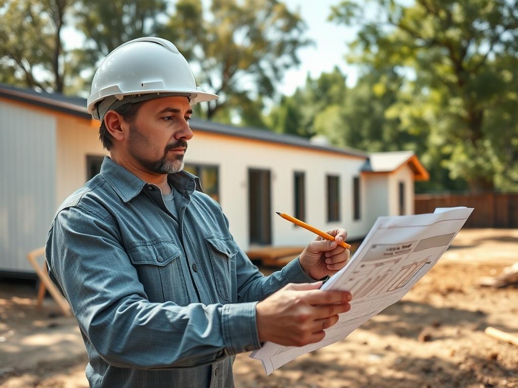 A civil engineer reviewing architectural plans with a backdrop of