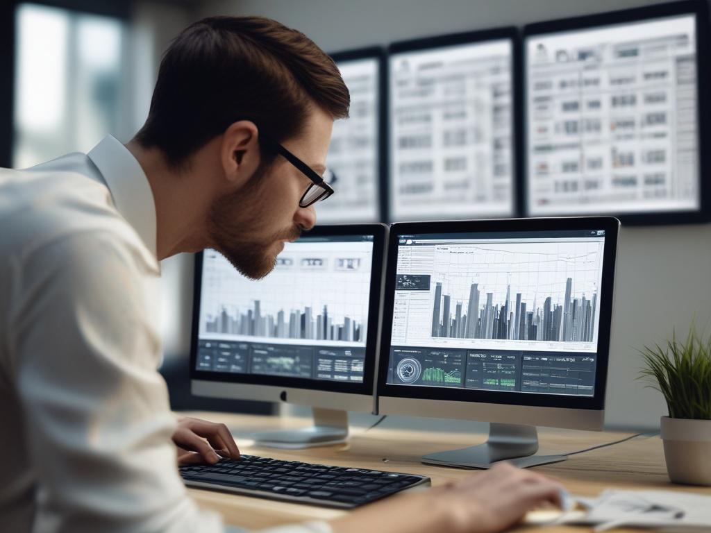 A hyper realistic close up of a marketing analyst reviewing