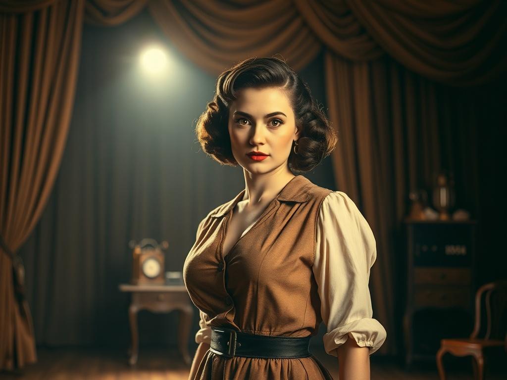 A realistic high-resolution photo of a 1940's theater actress in a vintage costume. She is standing on a dimly lit stage with soft spotlight illuminating her face. The background is adorned with classic theater curtains and vintage props, creating a nostalgic atmosphere. The actress is portrayed in a confident pose, exuding charisma and grace, with her hair styled in a classic 1940s manner. The overall color palette features warm, earthy tones, reflecting a rustic aesthetic.