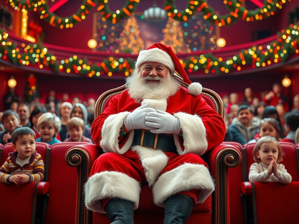 A joyful Santa Claus sitting on a festive chair in a warmly decorated theatre. The background features colorful holiday decorations, twinkling lights, and a cheerful audience of children and families eagerly waiting for their turn. The scene embodies the magic of Christmas, with Santa smiling warmly and holding a small gift, surrounded by a vibrant holiday atmosphere.