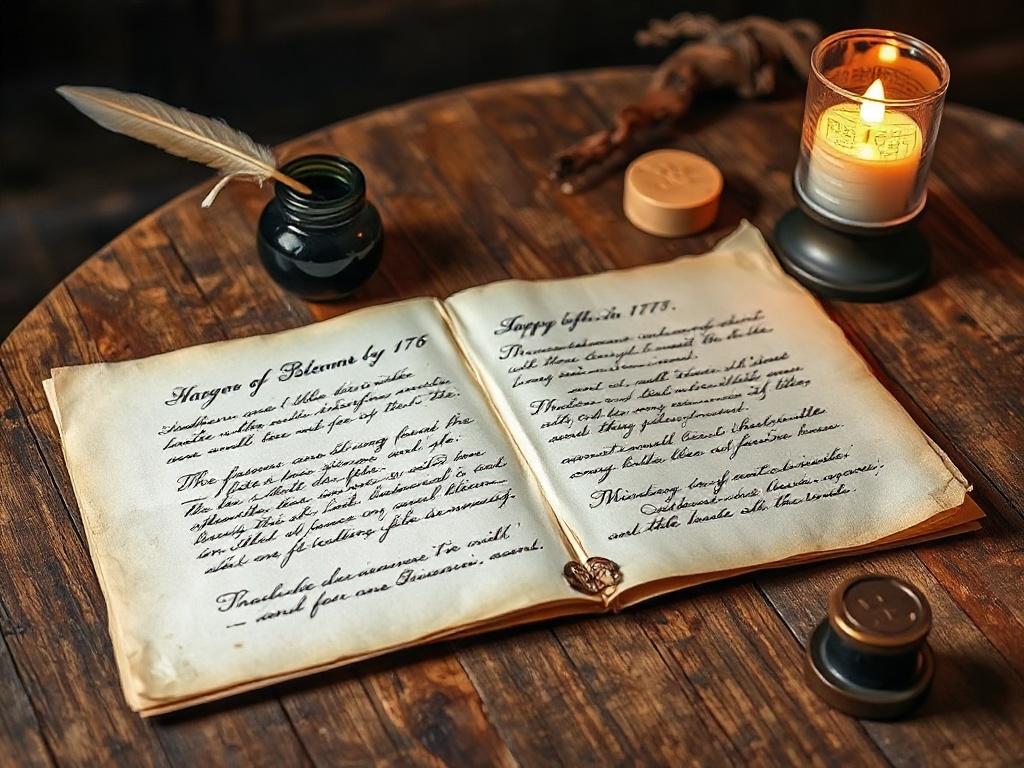 A realistic high-resolution photo of an open historical letter on a rustic wooden table, surrounded by a quill, inkpot, and a candle. The letter should have elegant, flowing cursive handwriting, with visible wax seals and slight age wear. The background is softly lit to evoke a warm, inviting atmosphere, emphasizing the historical significance of the letters from 1776.