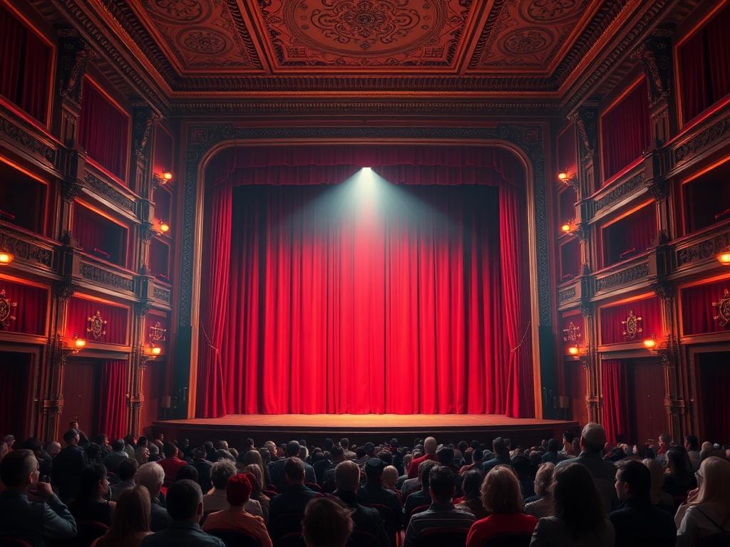 A captivating image of a theatre stage with vibrant red curtains, a spotlight illuminating the center stage, and an audience eagerly anticipating a performance. The background features a beautifully designed theatre interior with ornate details and warm lighting. The composition should focus on the stage as the central subject, conveying a sense of anticipation and excitement for upcoming events in the theatre.