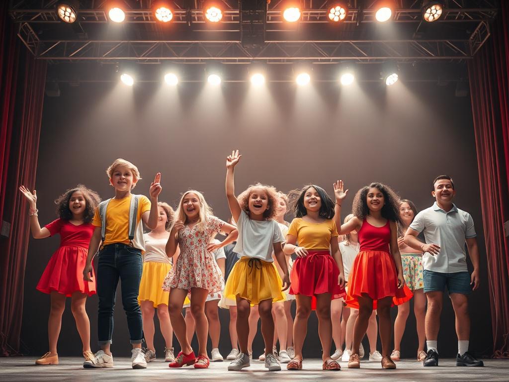 A photorealistic image of a diverse group of young performers on stage mid-performance, brightly lit with stage lights in the background of a classic theatre setting. The performers express joy and energy, dressed in colorful costumes, with a simple backdrop emphasizing the vibrant atmosphere.