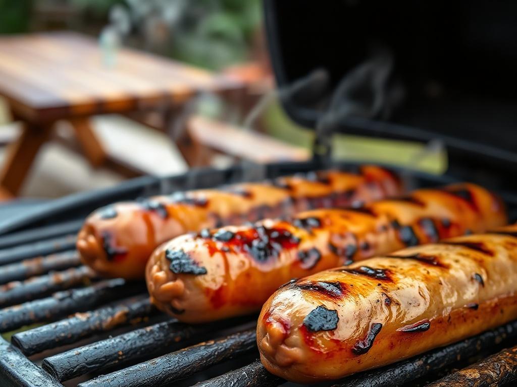 A close-up view of brats sizzling on a grill, with char marks visible on the sausages. The grill is blackened with heat, and the background features subtle hints of a backyard setting, including blurred greenery and a hint of a picnic table. The focus is on the juicy brats, showcasing their golden-brown color and the steaming heat rising from them, evoking a sense of deliciousness and outdoor cooking.