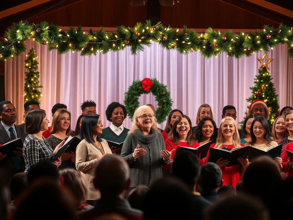 A vibrant scene of a community choir performing at a festive Christmas event. The choir is comprised of diverse individuals, joyfully singing in front of a beautifully decorated stage adorned with holiday lights and greenery. The background features a warm, inviting atmosphere with soft lighting, capturing the essence of a cozy holiday gathering. The focus is on the choir, expressing passion and joy, with an audience in the foreground enjoying the performance.