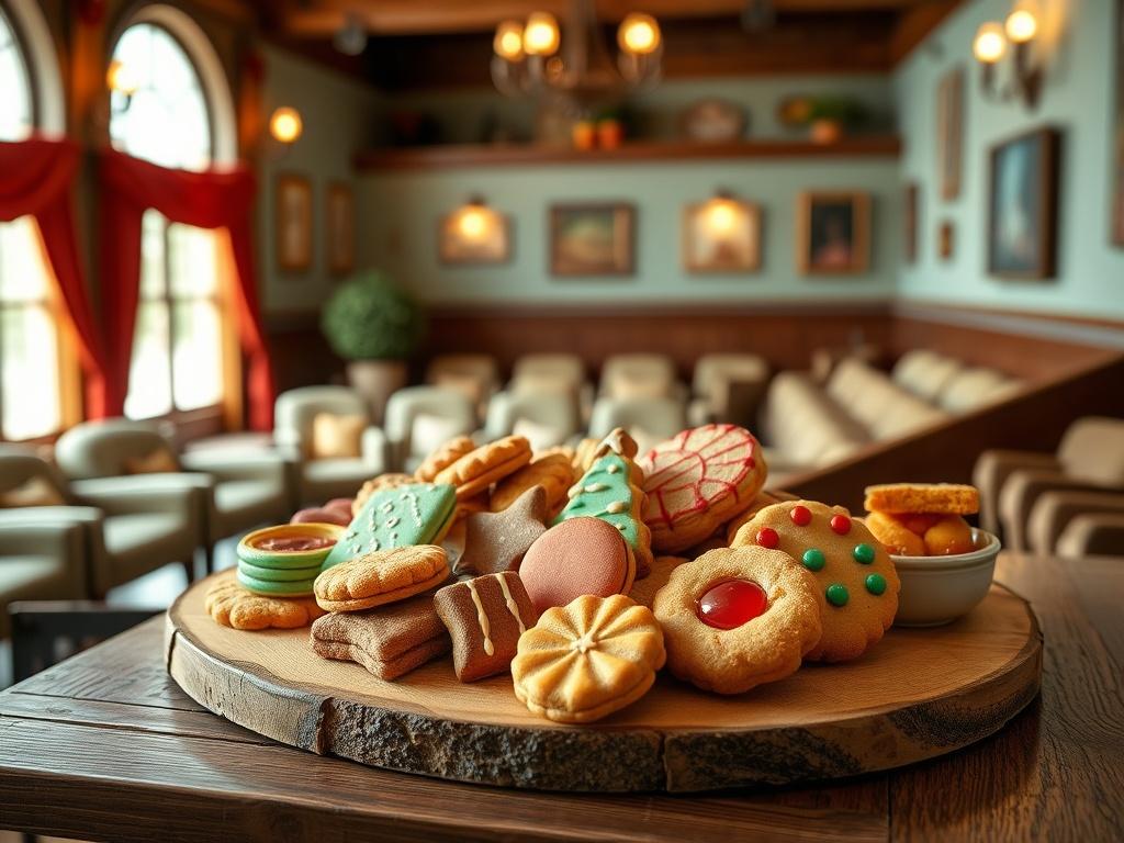 A beautifully arranged display of various homemade cookies and baked goods on a rustic wooden table. The scene is set inside a charming theatre, with warm lighting enhancing the inviting atmosphere. In the background, soft focus shows a cozy corner of the theatre with comfortable seating and vibrant decor. The cookies are colorful and appealing, showcasing different shapes and decorations. The overall composition is simple and clear, drawing the eye to the delicious treats.