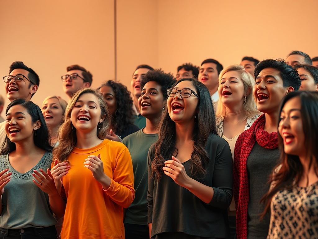 A realistic high-resolution photo of a diverse group of enthusiastic singers gathered in a bright, welcoming space at Adams Community Theatre. They are engaged in singing, with expressions of joy and passion. The background features simple, clean lines and warm lighting that enhances the vibrant atmosphere. Capture the essence of community and creativity with bold, vibrant colors to reflect the energy of the event.