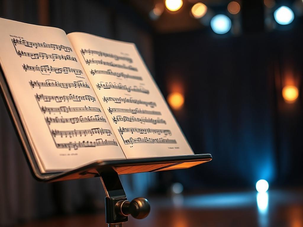 A realistic high-resolution photo of sheet music displayed on a metal music stand on stage. The music stand should be the focal point of the image, with clear and visible sheet music. The stage should have a soft spotlight illuminating the music stand, creating an inviting atmosphere. The background should be slightly blurred to emphasize the music stand, with hints of stage curtains and ambient lighting.