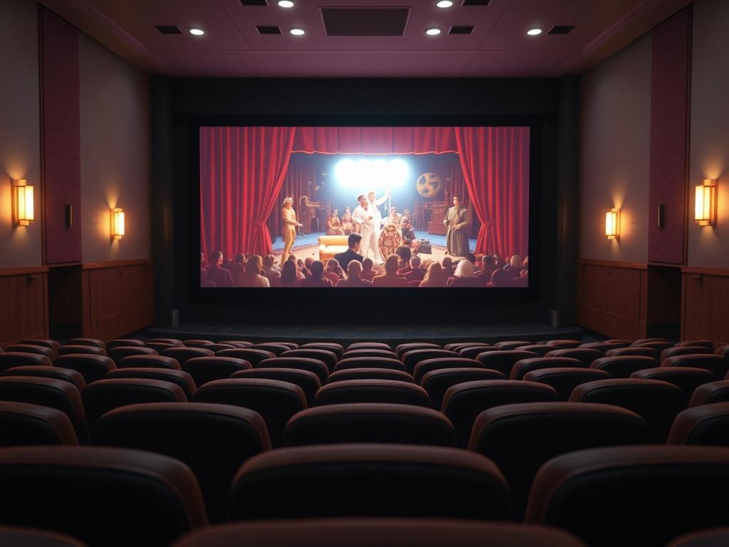 A realistic high-resolution photo of a movie theater screen, featuring a vibrant and engaging scene from a classic film. The composition should showcase the screen as the central focus, with the theater seats visible in the foreground, arranged neatly in rows. The background should be softly illuminated by dim theater lights, creating a cozy and inviting atmosphere. The screen should display vivid colors and captivating imagery, inviting audiences to immerse themselves in the cinematic experience.