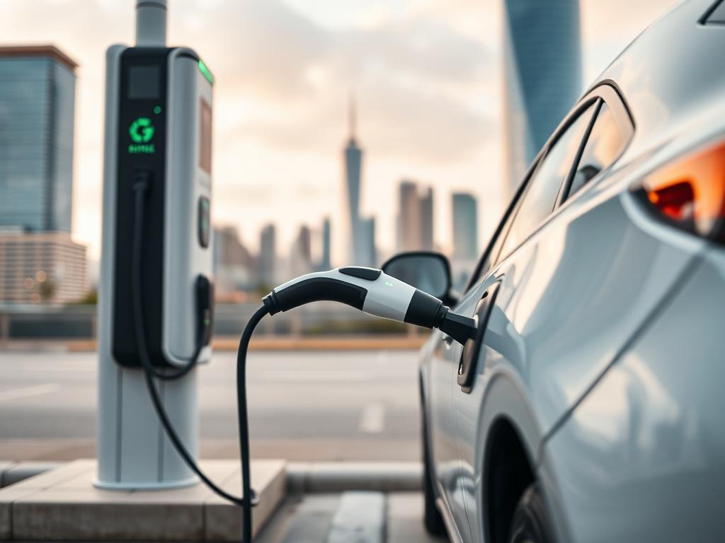A close-up shot of an electric vehicle charging at a modern charging station in an urban setting, symbolizing innovation in the automotive sector. The background features a cityscape, representing the future of transportation and sustainable investment opportunities.