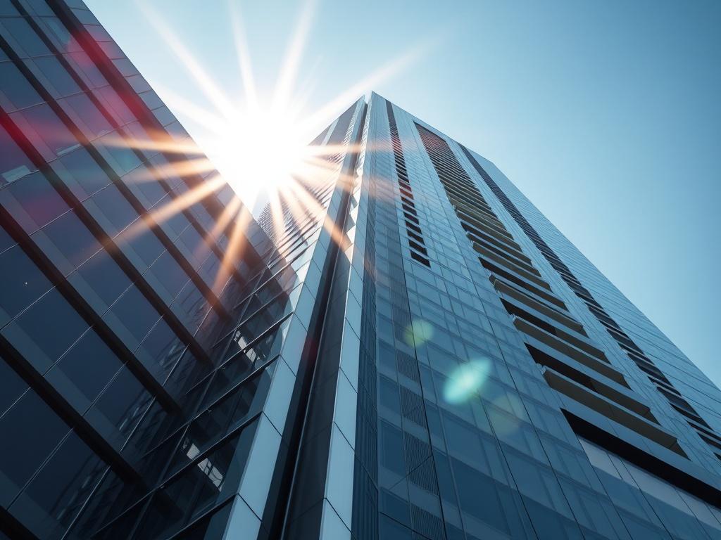 A close-up shot of a modern high-rise building reflecting sunlight in Dubai, showcasing architectural beauty and investment potential. The focus is on the building's intricate design, with a clear blue sky in the background. The image captures the essence of real estate investment, representing growth and opportunity.