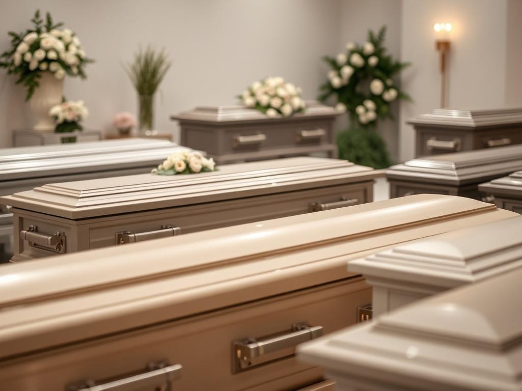 A beautifully arranged selection of caskets and coffins displayed in a serene setting, with elegant flowers and soft lighting to create a peaceful atmosphere. The background features tasteful decorations and a subtle touch of greenery, evoking a sense of tranquility and respect. The composition is simple and clear, focusing on the caskets and coffins as the main subjects, ensuring the image reflects the dignity and care associated with funeral services.